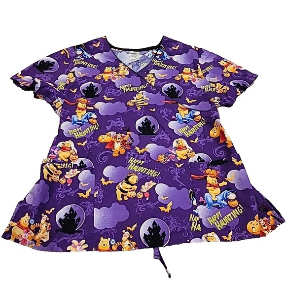 Winnie the Pooh Halloween Large Medical Scrub Top Happy Haunting Purple Disney - Picture 1 of 10